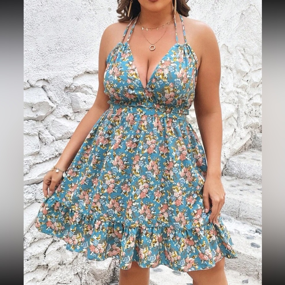 NEW SHEIN Floral Print Blue Open Back Sundress